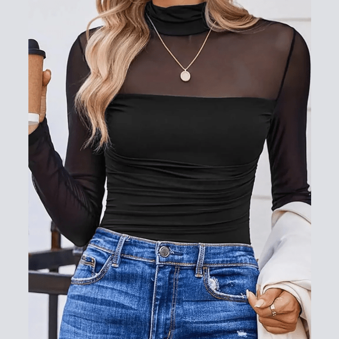 Nae Black Sheer Mesh Patchwork High Neck Long Sleeve Top