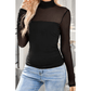 Nae Black Sheer Mesh Patchwork High Neck Long Sleeve Top