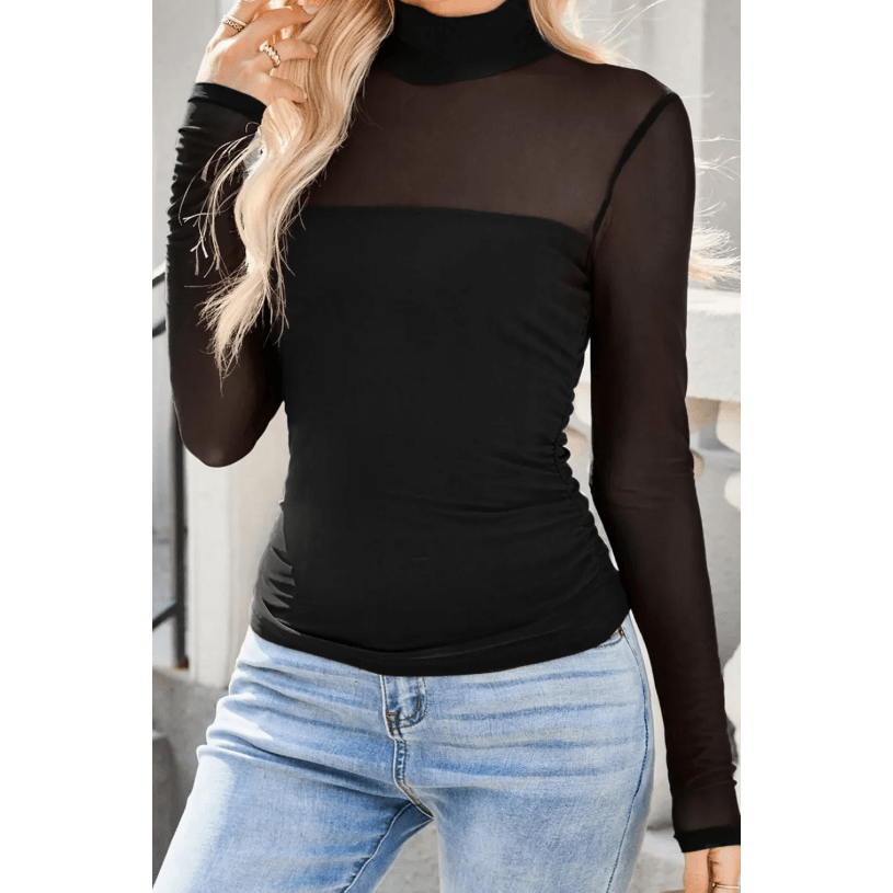 Nae Black Sheer Mesh Patchwork High Neck Long Sleeve Top