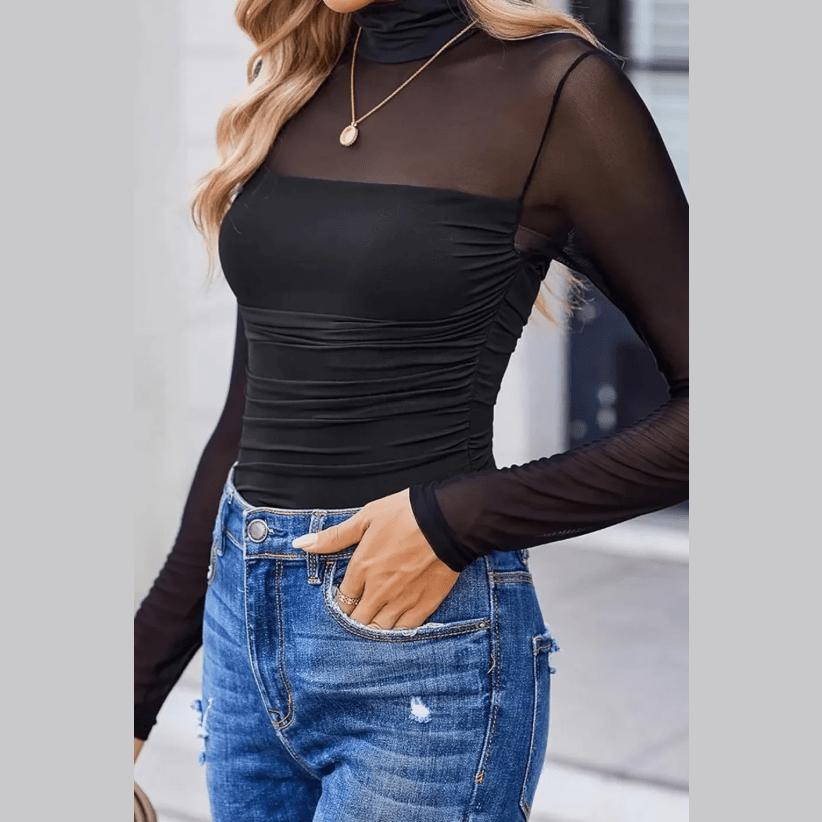Nae Black Sheer Mesh Patchwork High Neck Long Sleeve Top