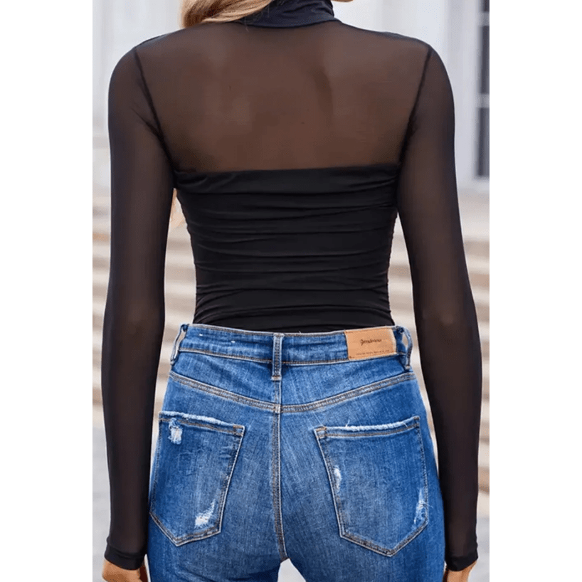 Nae Black Sheer Mesh Patchwork High Neck Long Sleeve Top