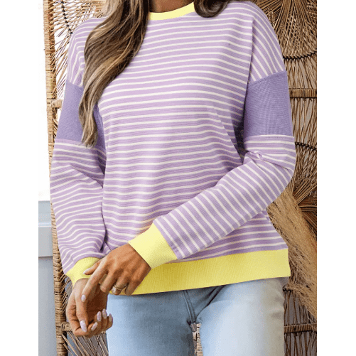 RTS Purple Stripe Contrast Trim Colorblock Patchwork Drop Shoulder Knit Top