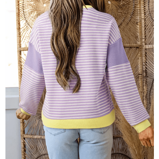 RTS Purple Stripe Contrast Trim Colorblock Patchwork Drop Shoulder Knit Top