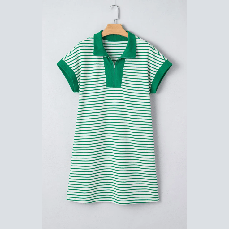 Janey Green Stripe Quarter Zip Polo Collar T Shirt Dress with Pockets