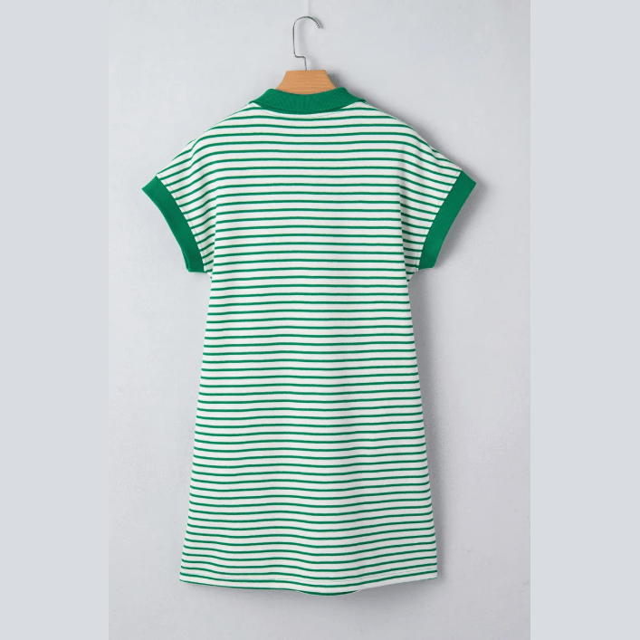 Janey Green Stripe Quarter Zip Polo Collar T Shirt Dress with Pockets