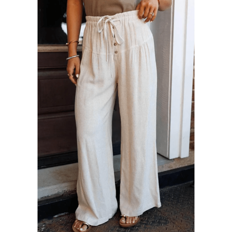 Pippy Drawstring Elastic Waist Button Pleated Detail Wide Leg Pants