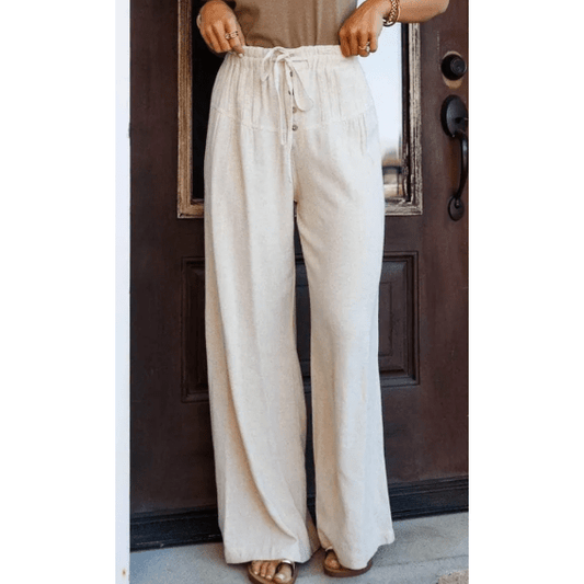 Pippy Drawstring Elastic Waist Button Pleated Detail Wide Leg Pants