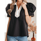 SALE!!!  Ronnie Black Ricrac Trim Color Block Patchwork Shirt Collar Short Sleeve Blouse