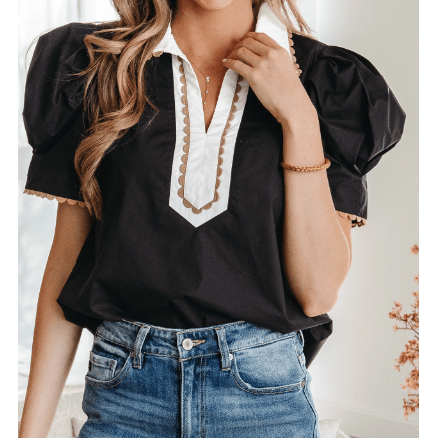 Ronnie Black Ricrac Trim Color Block Patchwork Shirt Collar Short Sleeve Blouse