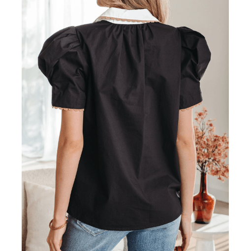 SALE!!!  Ronnie Black Ricrac Trim Color Block Patchwork Shirt Collar Short Sleeve Blouse
