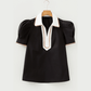 SALE!!!  Ronnie Black Ricrac Trim Color Block Patchwork Shirt Collar Short Sleeve Blouse