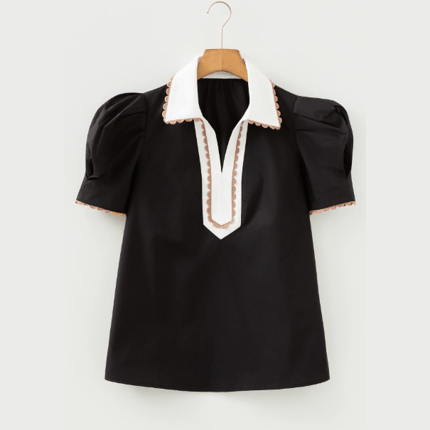 SALE!!!  Ronnie Black Ricrac Trim Color Block Patchwork Shirt Collar Short Sleeve Blouse