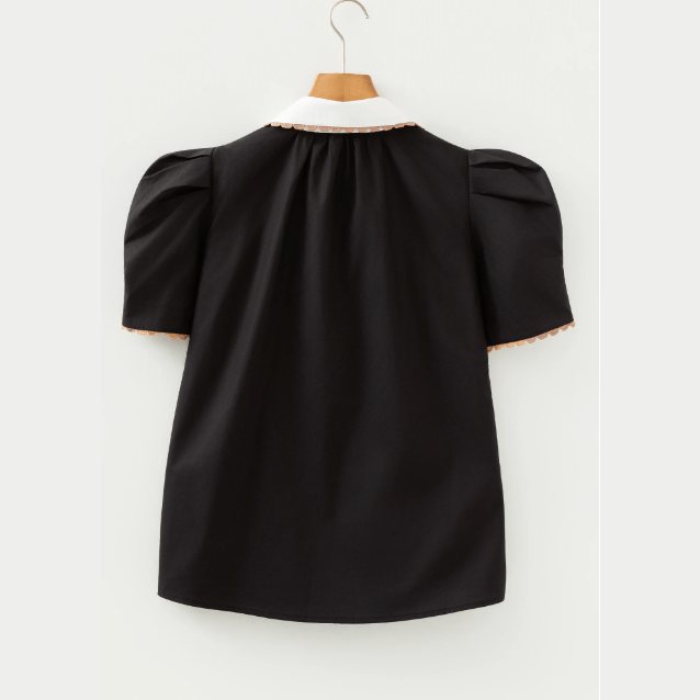 SALE!!!  Ronnie Black Ricrac Trim Color Block Patchwork Shirt Collar Short Sleeve Blouse