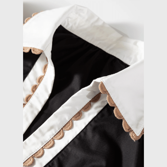SALE!!!  Ronnie Black Ricrac Trim Color Block Patchwork Shirt Collar Short Sleeve Blouse