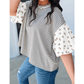 Nella Black Stripe Floral Puff Sleeve Patchwork Round Neck Loose Top