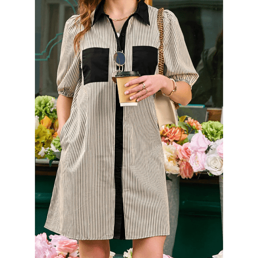 Charis Black Stripe Color Block Patchwork Shirt Collar Button Down Puff Sleeve Mini Dress