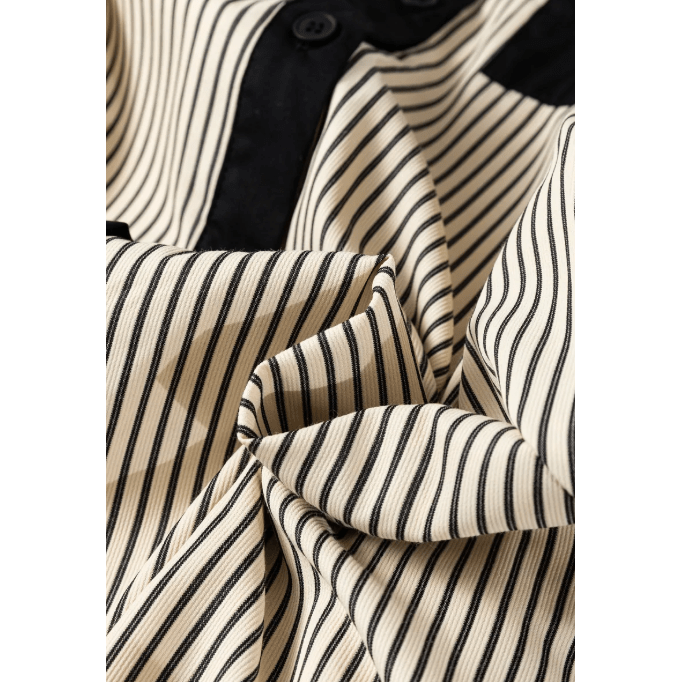 Charis Black Stripe Color Block Patchwork Shirt Collar Button Down Puff Sleeve Mini Dress