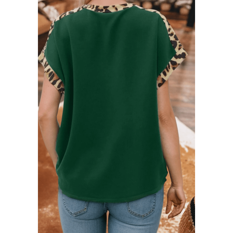 Lyla Green Leopard Trim Round Neck Loose T Shirt