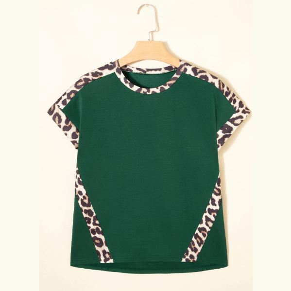 Lyla Green Leopard Trim Round Neck Loose T Shirt