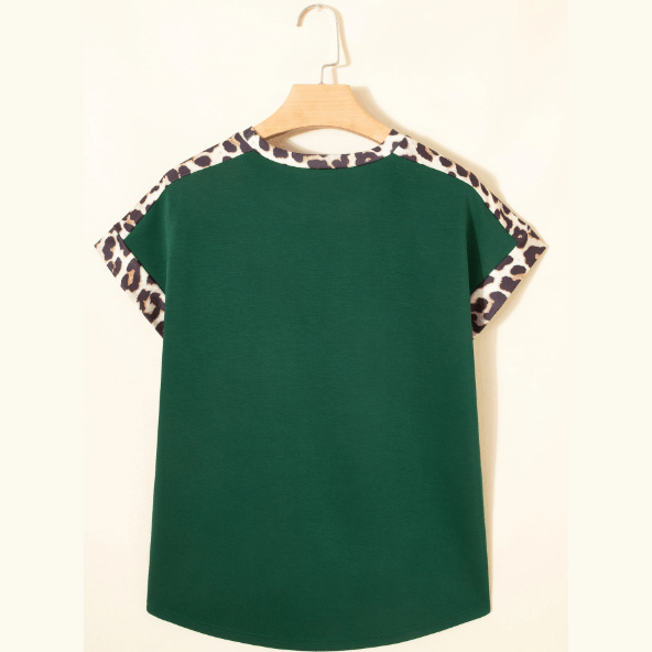 Lyla Green Leopard Trim Round Neck Loose T Shirt