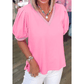 Tula Bonbon Pink V Neck Short Puff Sleeve Blouse