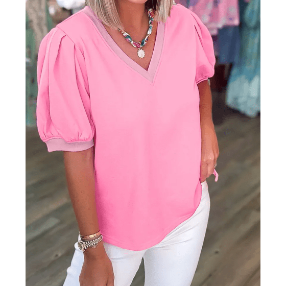 Tula Bonbon Pink V Neck Short Puff Sleeve Blouse