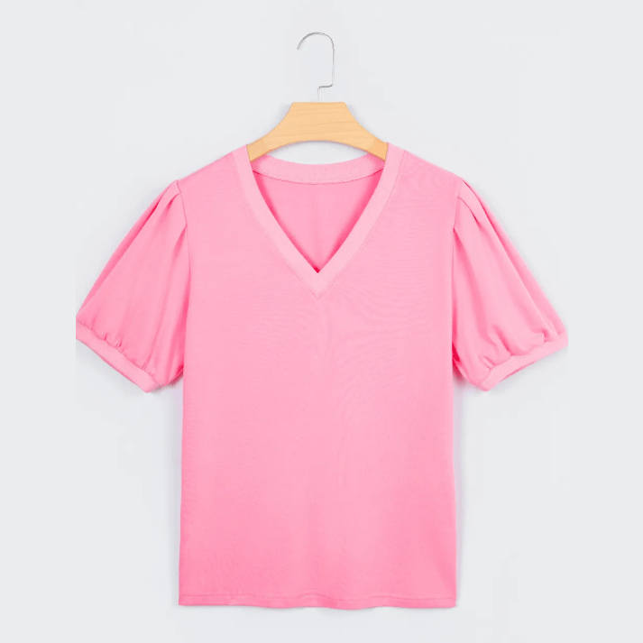 Tula Bonbon Pink V Neck Short Puff Sleeve Blouse