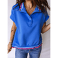 Demetra Blue Contrast Frilled Trim Button Collared Short Sleeve Knit Top