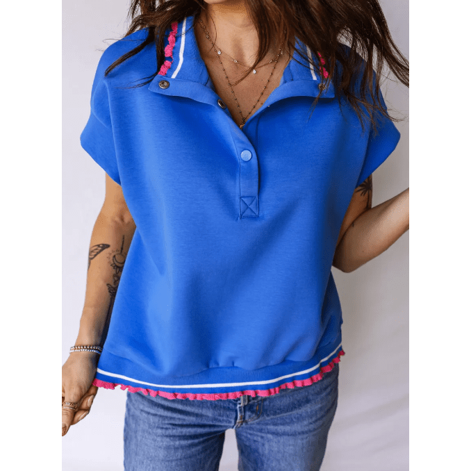 Demetra Blue Contrast Frilled Trim Button Collared Short Sleeve Knit Top