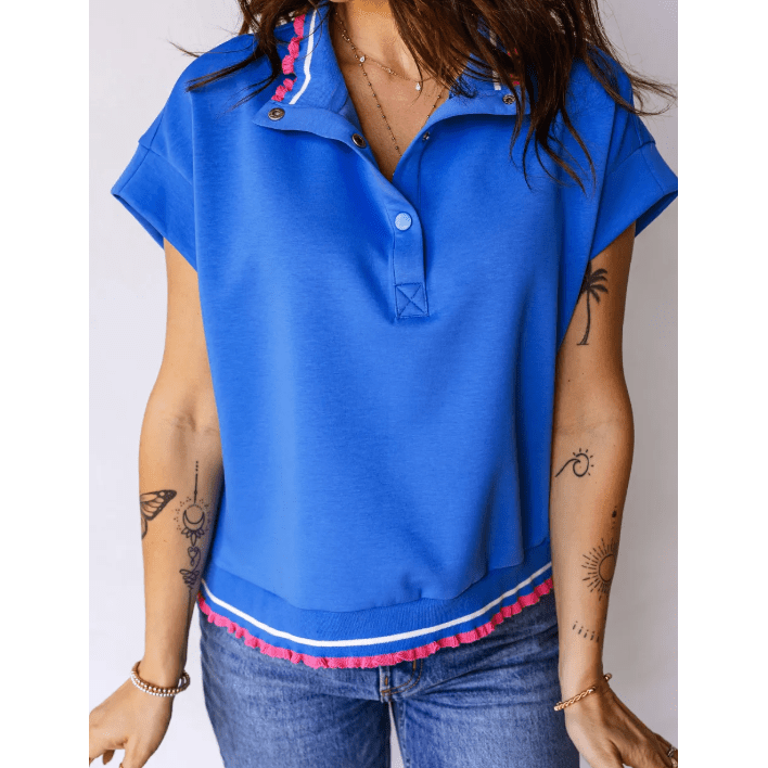 Demetra Blue Contrast Frilled Trim Button Collared Short Sleeve Knit Top