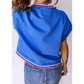 Demetra Blue Contrast Frilled Trim Button Collared Short Sleeve Knit Top