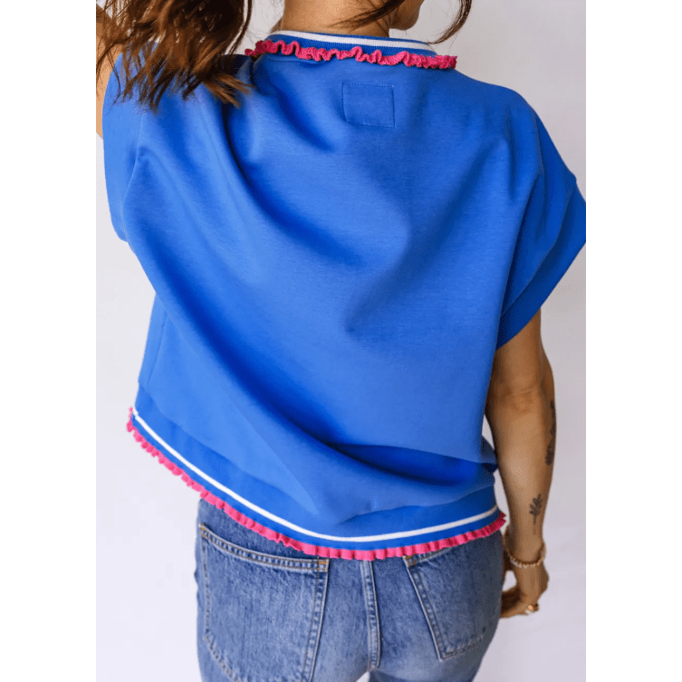 Demetra Blue Contrast Frilled Trim Button Collared Short Sleeve Knit Top