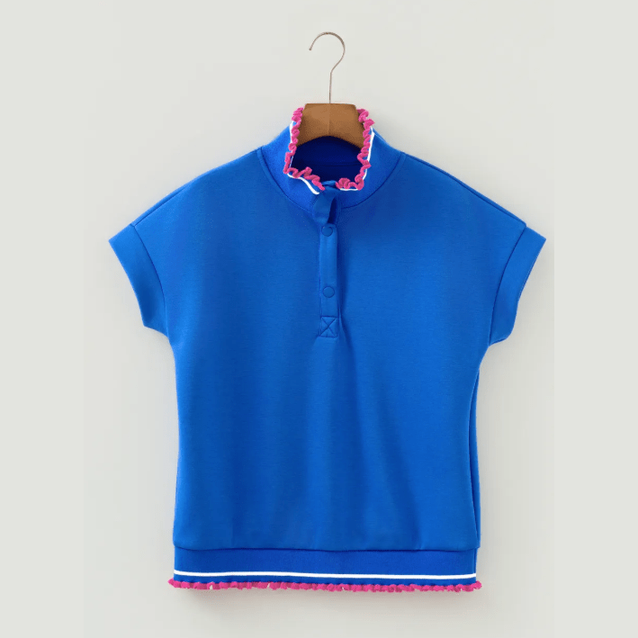 Demetra Blue Contrast Frilled Trim Button Collared Short Sleeve Knit Top
