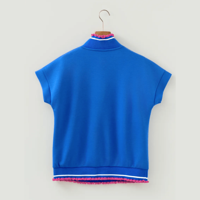 Demetra Blue Contrast Frilled Trim Button Collared Short Sleeve Knit Top