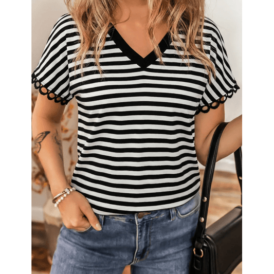 Brexa Black Striped Print V Neck Delicate Trim Casual Tee