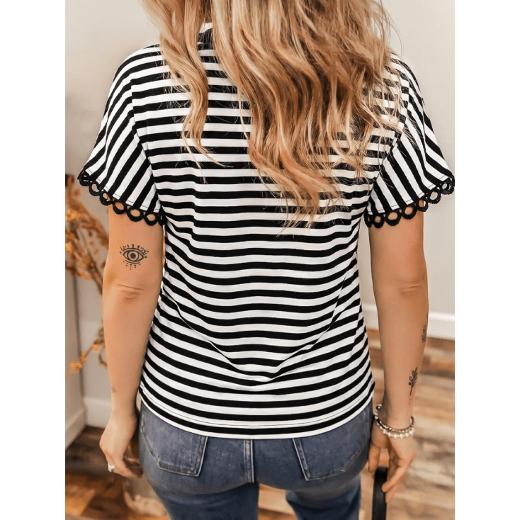 Brexa Black Striped Print V Neck Delicate Trim Casual Tee