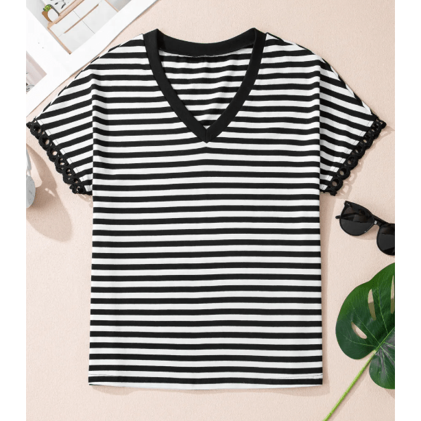 Brexa Black Striped Print V Neck Delicate Trim Casual Tee