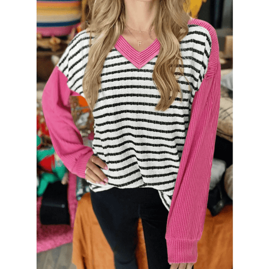 Helane Black Stripe Textured Knit Twisted Rib Contrast Patchwork V Neck Long Sleeve Top