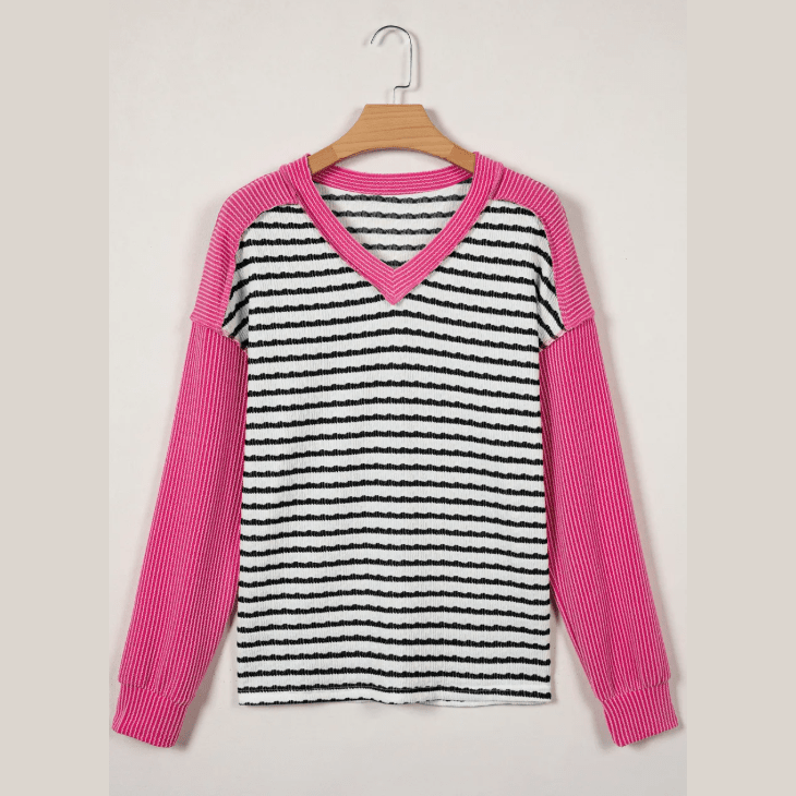 Helane Black Stripe Textured Knit Twisted Rib Contrast Patchwork V Neck Long Sleeve Top