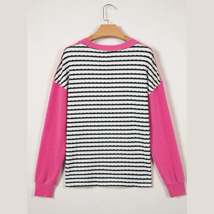 Helane Black Stripe Textured Knit Twisted Rib Contrast Patchwork V Neck Long Sleeve Top