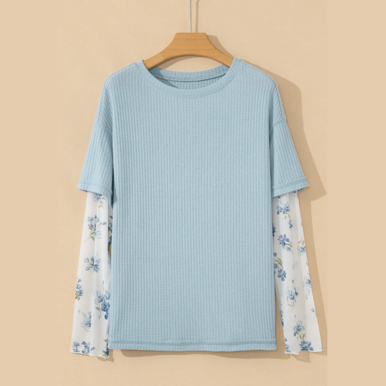 Caroline Beau Blue Floral Lace Sleeve Patchwork Waffle Fake Two-piece Top