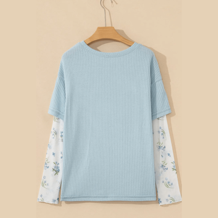 Caroline Beau Blue Floral Lace Sleeve Patchwork Waffle Fake Two-piece Top