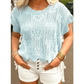 Syrena Beau Blue Pointelle Knit Patterned Scalloped Trim Short Sleeve Sweater