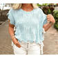Syrena Beau Blue Pointelle Knit Patterned Scalloped Trim Short Sleeve Sweater