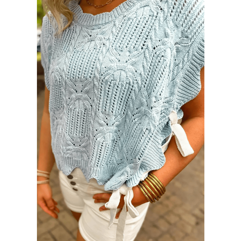 Syrena Beau Blue Pointelle Knit Patterned Scalloped Trim Short Sleeve Sweater