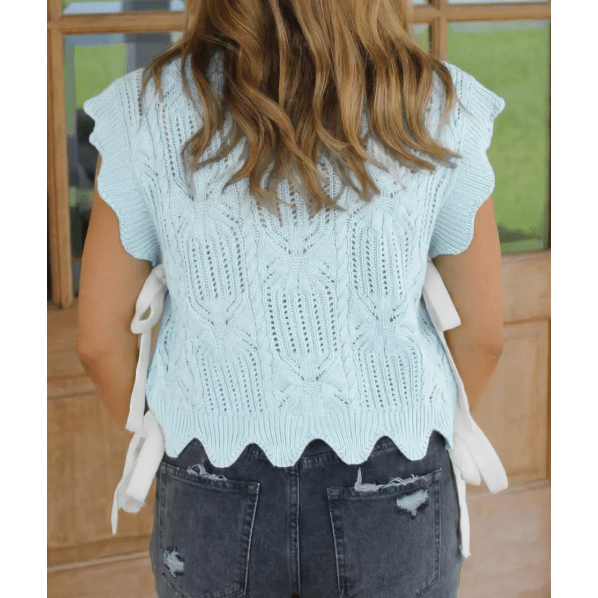 Syrena Beau Blue Pointelle Knit Patterned Scalloped Trim Short Sleeve Sweater