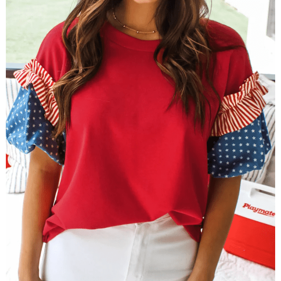 Alana Fiery Red Stars Stripes Short Puff Sleeve Top