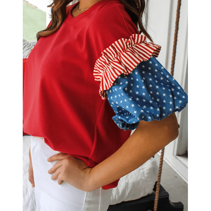 Alana Fiery Red Stars Stripes Short Puff Sleeve Top
