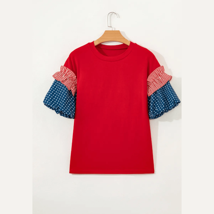 Alana Fiery Red Stars Stripes Short Puff Sleeve Top