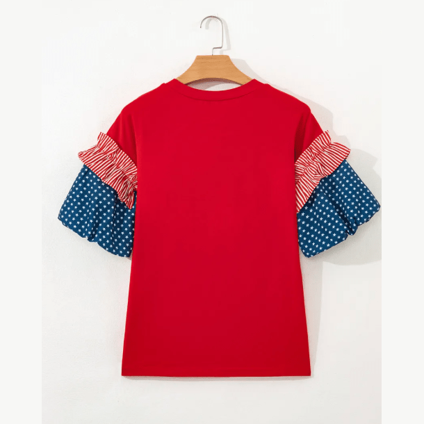 Alana Fiery Red Stars Stripes Short Puff Sleeve Top